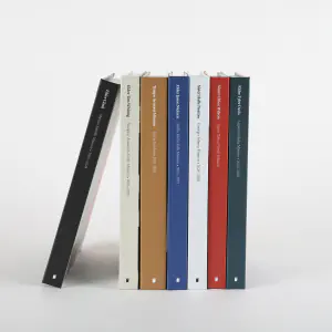 Seven missionary books in different cover colors lined up upright on a shelf